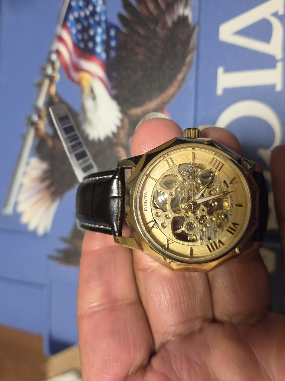 Invicta Gold Automatic Skeleton Dial Black Leather Strap Men’s Watch
